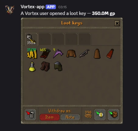 350M gp loot key opened by a Vortex user