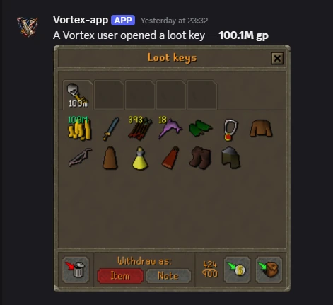 100M gp loot key opened by a Vortex user