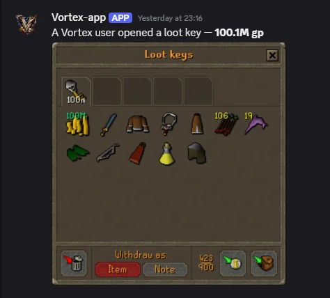 100M gp loot key opened by a Vortex user